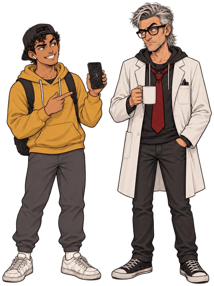 Kevin, a cartoon student in a yellow hoodie and backwards cap, grinning and holding up his cracked phone while Professor Parlay watches him over a coffee mug