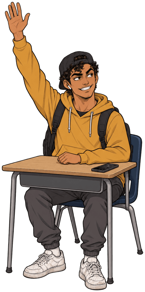 Kevin at a classroom desk, grinning with one hand raised high and his cracked phone on the desk