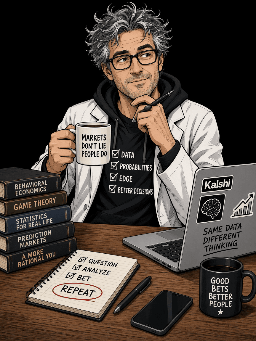 Professor Parlay at a desk with a mug that reads “Markets don’t lie, people do”