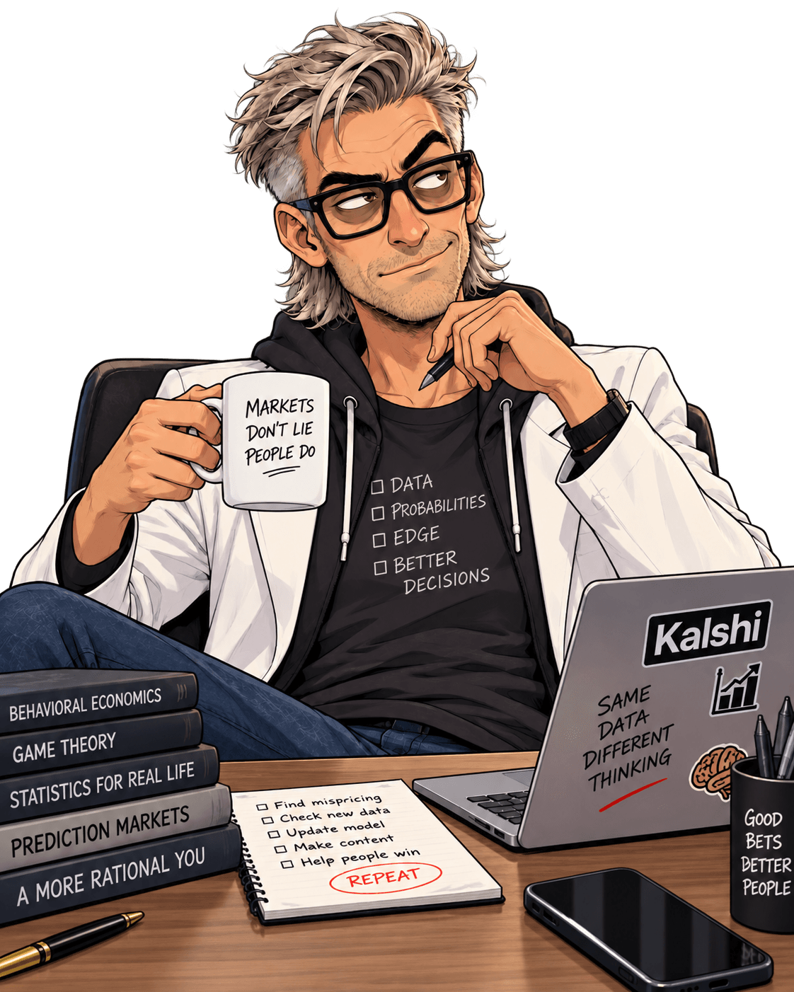 Professor Parlay at a desk with a mug that reads “Markets don’t lie, people do”