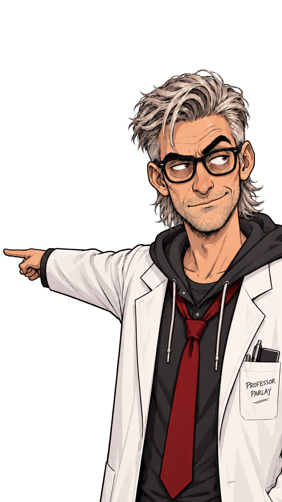 Professor Parlay in a lab coat and hoodie, pointing toward the signup form