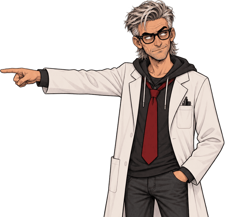 Professor Parlay in a lab coat and hoodie, pointing at a phone that shows live Kalshi prices